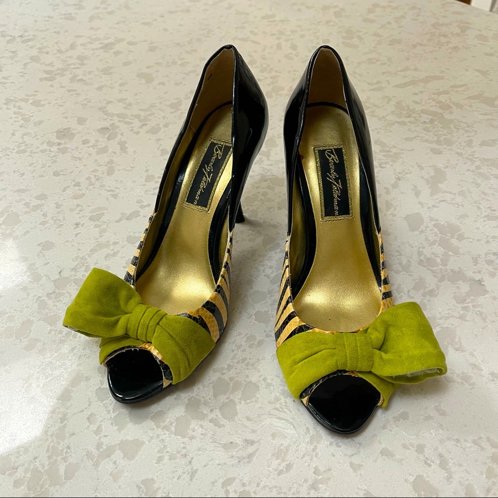 Beverly Feldman | Stilettos | Snake, Patent & Suede | Black+White+Green | 9